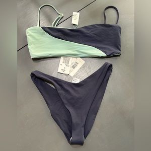 L Space md bitsy cut bikini bottom, lg bandeau top reversible spare blue mint gr
